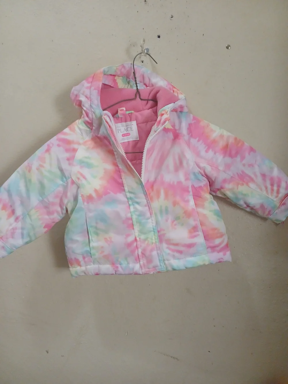 The Children's Place Pink Tie-Dye Hooded Puffer Jacket Double Zip Size 12_18 Mon